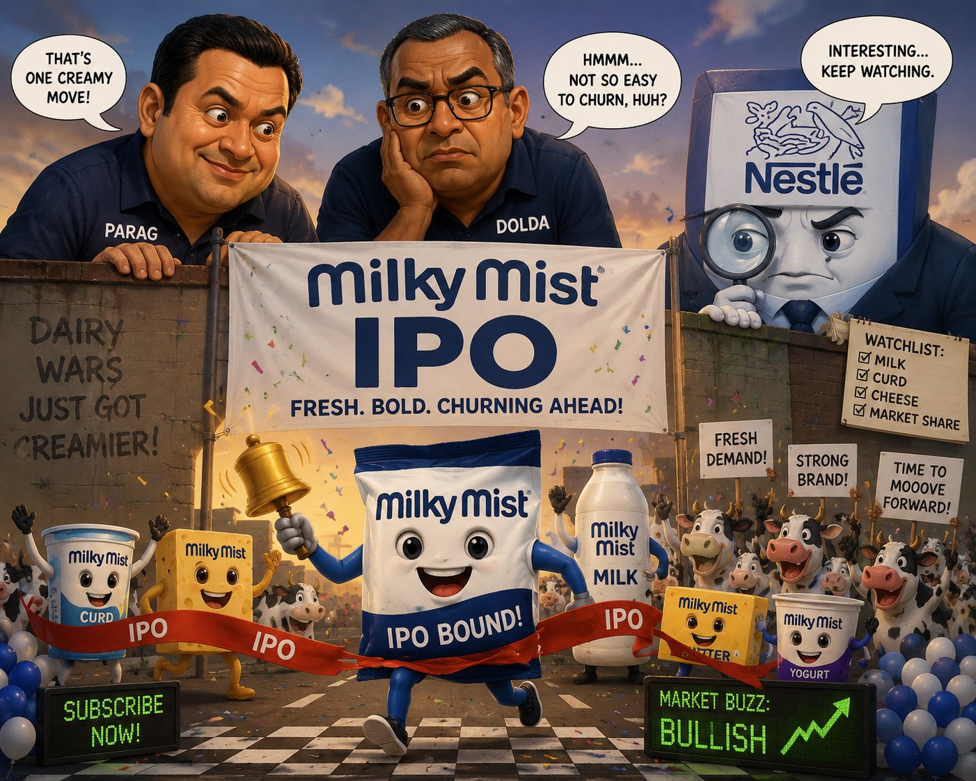 Milky Mist IPO - a light-hearted take on the dairy listing, with Parag and Dodla looking on and Nestle watching from the sidelines